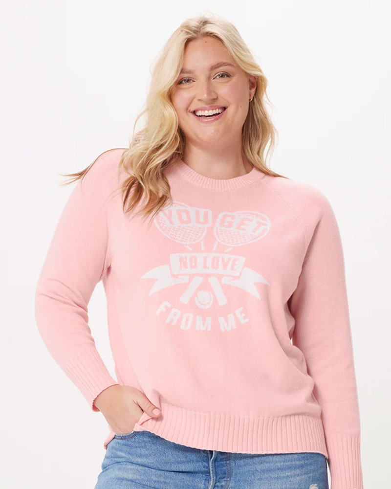 Front of a model wearing a size 3X Cotton Cashmere You Get No Love... in Pink Pearl by Minnie Rose. | dia_product_style_image_id:302657